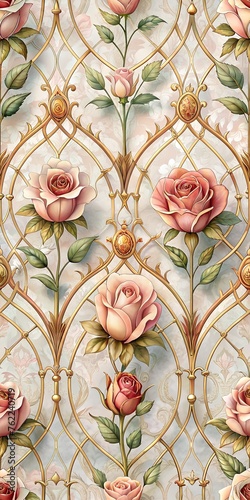 simple seamless wallpaper pastel pink roses with golden outline and ornament