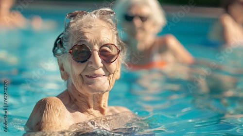 An elderly woman on a beautiful sunny day in the pool with her friends and with an incredibly joyful expression actively spends her free time despite her age #762240720