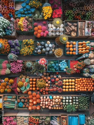 overhead shot capturing the colorful array of goods on display Style © panyawatt