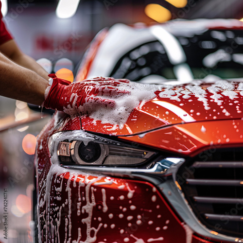 A hand in a red glove washes a shiny red car with white soap suds photo