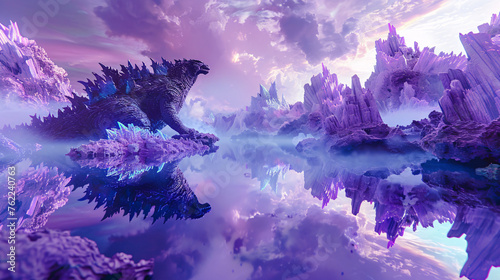 A mystical landscape with a Godzilla-like creature, crystal formations, and a reflective water surface photo