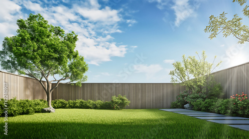 green grass lawn, plants and wooden fence in modern backyard patio © andreusK