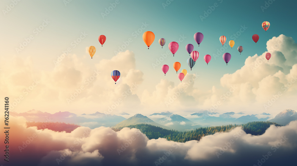 Obraz premium panorama of multicolored balloons in the sky above the clouds, background, space, freedom and happiness