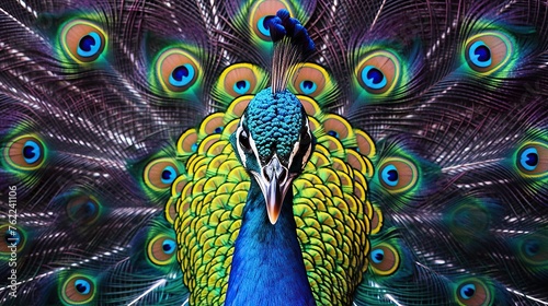 Peacock with colorful feathers, close-up, macro photo