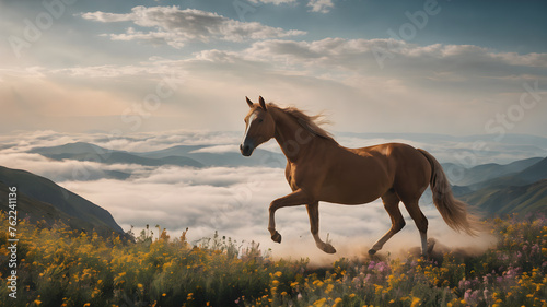  Nature landscape with wild horse. Wild horss in nature landscape. Mountain landscape. Mountain horse in nature ambient on a sunny day. © Koca