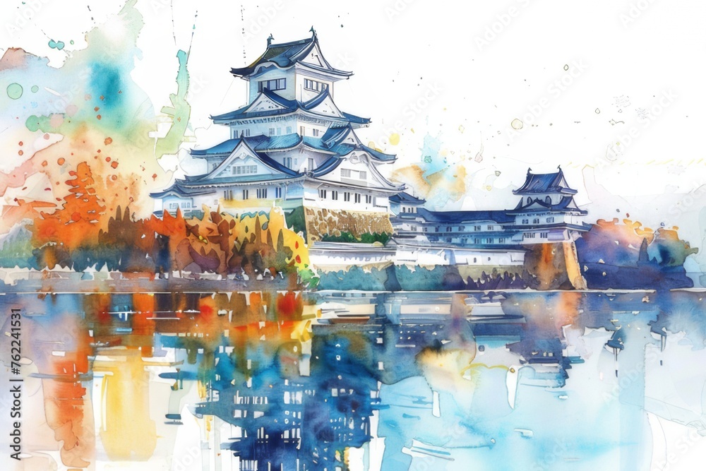 Obraz premium A breathtaking watercolor rendition of the majestic Himeji Castle, capturing its splendid architecture amidst serene surroundings.