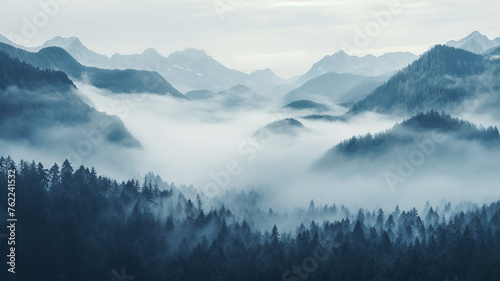 landscape, quiet misty valley in the mountains, forest panorama aero view © kichigin19