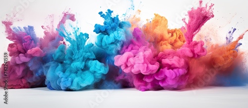 A vibrant display of purple, petal pink, and electric blue smoke explosions on a white background, like a work of art using natural materials for a fashionable accessory in magenta and violet hues