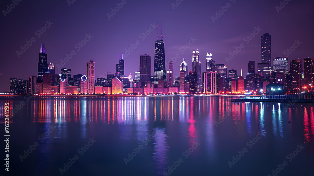 Fototapeta premium Captivating Skyline of Chicago: Illinois’ Dazzling Landmark Amidst the Reflective Lake Michigan in Night