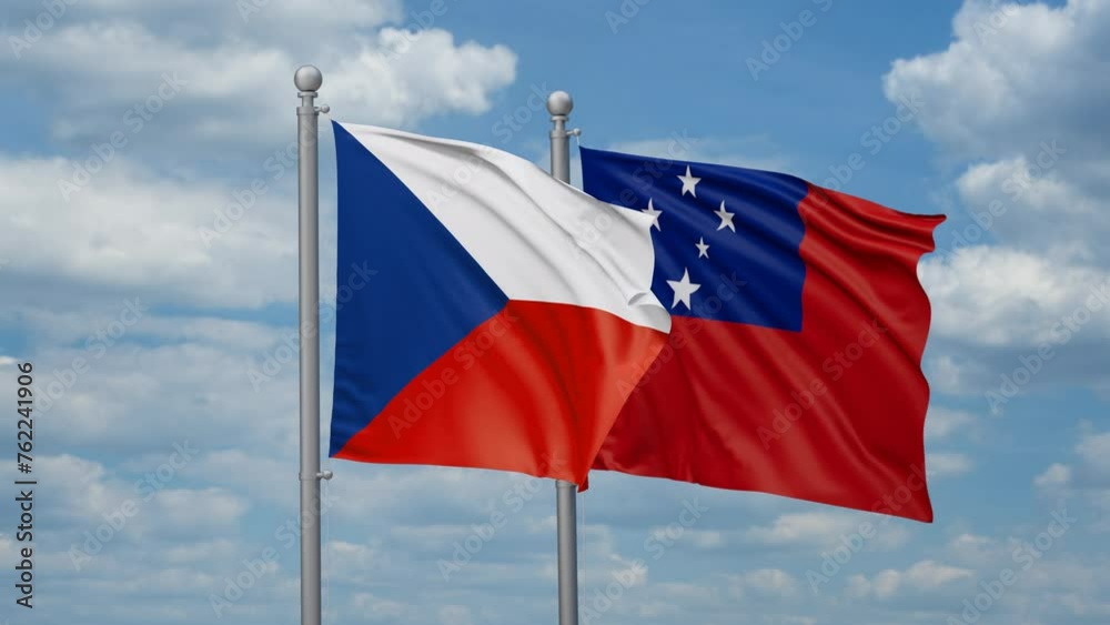 Samoa and Czech two flags waving together, looped video, two country cooperation concept