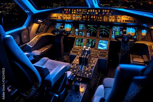 Cockpit of Airplane at Night