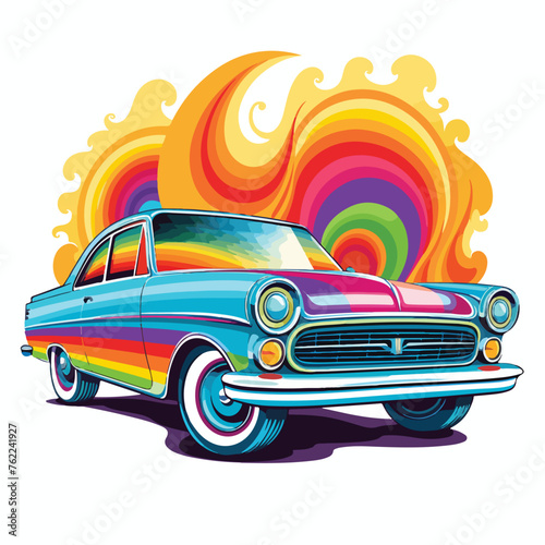 Rainbow retro car clipart isolated on white background
