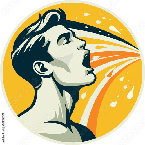 Young guy on a golden background takes the rain. Circular graphic gay symbol, vector graphics