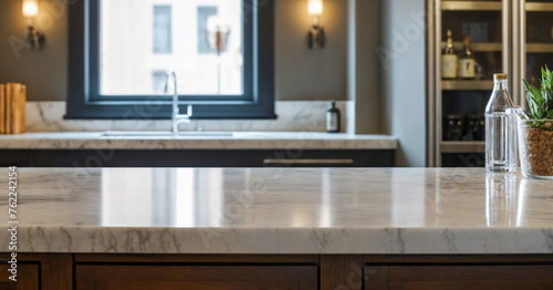 Elegant stone countertop in well-lit kitchen, providing beautiful backdrop for food and drink photography or restaurant mockup designs.