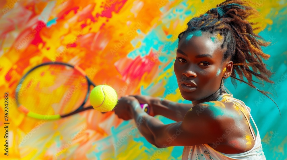 Fototapeta premium Woman posing with tennis racquet in front of colorful painting depicting tennis player in action