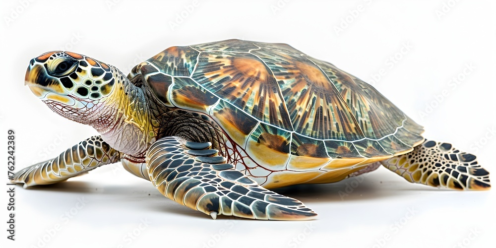 Obraz premium Majestic Green Sea Turtle's Timeless Aquatic Journey on Pristine White Backdrop