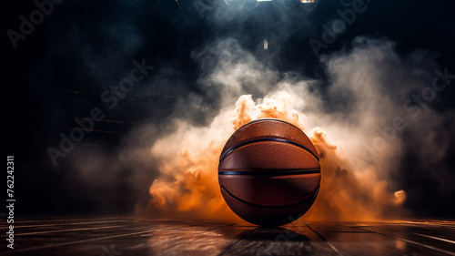 A basketball positioned at the center of the court in the effects of spotlights and surrounded by subtle smoke