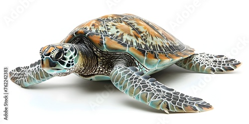 Ancient Green Sea Turtle Gracefully Navigating Tranquil Ocean Currents on Isolated White Canvas