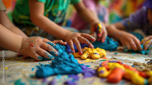 Kid Create Things With Modeling Clay Of Different Colors. Focus View On The Hands. Tactile Experience. Fun And Creativity Of Children photo