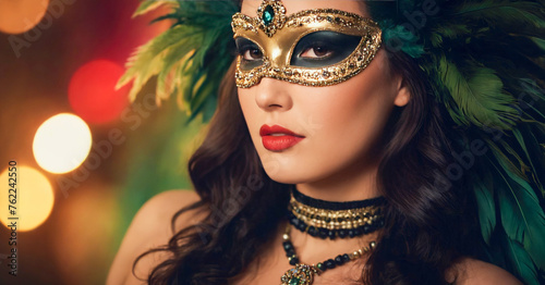 Captivating image featuring woman adorned in feathered masquerade mask, exuding sensuality and elegance at carnival or party.