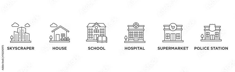 Buildings banner web icon vector illustration concept with icon of skyscraper, house , school, hospital , supermarket	