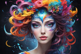 A whimsical, ethereal face of a woman with colorful, flowing hair resembling cosmic elements and floral motifs, evoking a sense of fantasy and imagination.