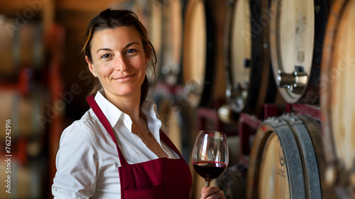 A female winemaker with a glass of wine in her hand and barrels of wine behind her