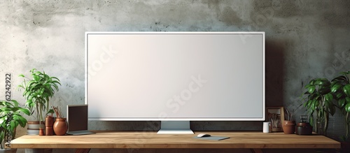 A flat panel display, also known as a computer monitor accessory, is positioned on top of a wooden desk, serving as a multimedia display device for events or laptop use photo