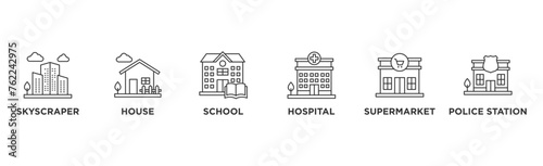 Buildings banner web icon vector illustration concept with icon of skyscraper, house , school, hospital , supermarket	