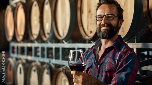 A male winemaker with a glass of wine in his hand and barrels of wine behind him photo