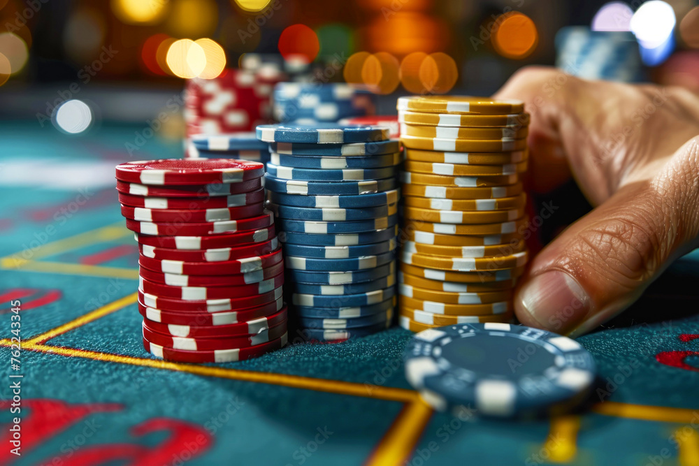 Close-up. the player at the table makes a bet with playing chips. A poker game. Close-up. the player at the table makes a bet with playing chips. A poker game.