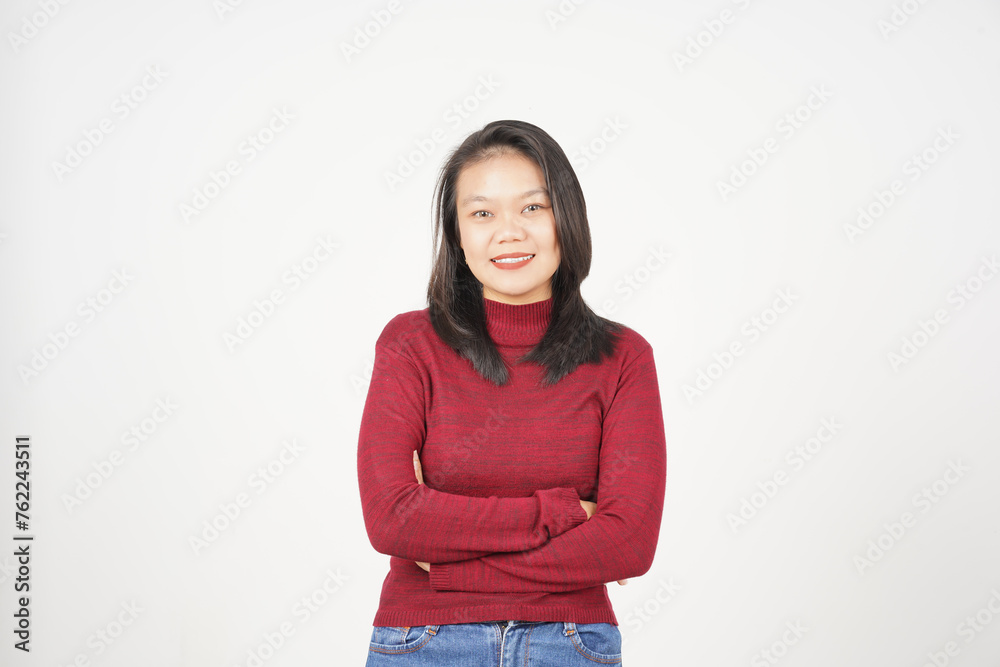 Young Asian woman in Red t-shirt crossed arms and smiling at camera isolated on white background Young Asian woman in Red t-shirt crossed arms and smiling at camera isolated on white background