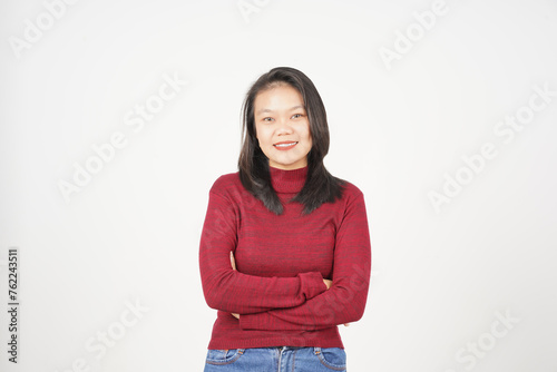Young Asian woman in Red t-shirt crossed arms and smiling at camera isolated on white background