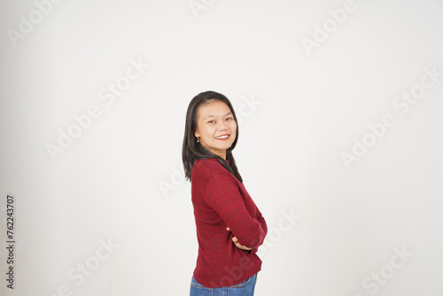 Young Asian woman in Red t-shirt crossed arms and smiling at camera isolated on white background