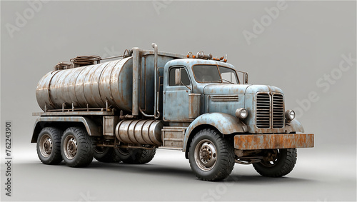 Diesel punk style weathered and rusted fuel tanker futuristic truck isolated on gray background