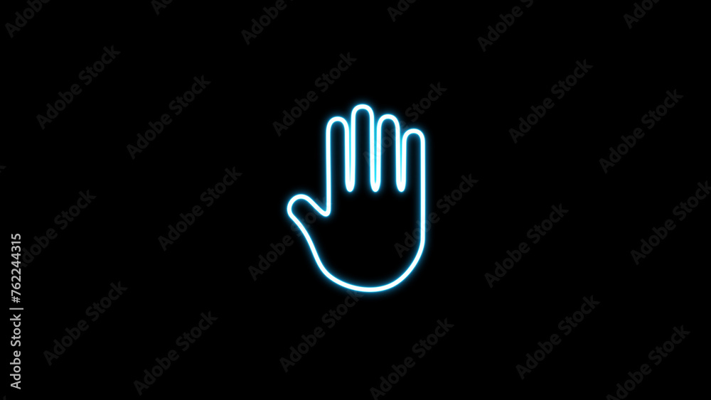 Neon glowing hand alert icon on a black background. Neon glowing hand alert icon on a black background.