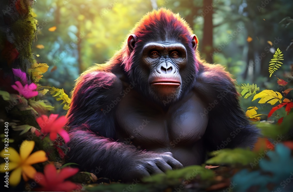 Obraz premium A muscular ape in the colorful forest