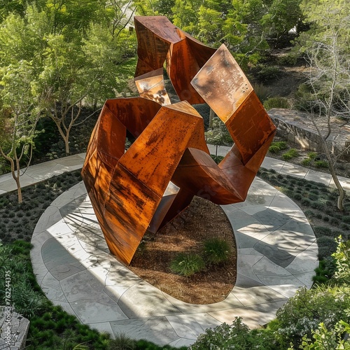 In a serene sculpture garden, a stunning marble statue of a goddess stands tall amidst colorful flowers The golden hour sunlight casts a warm glow, highlighting intricate details At the statues base,  photo