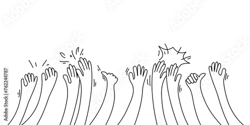 Hand drawn of hands clapping ovation. applause, thumbs up gesture on doodle style. vector illustration