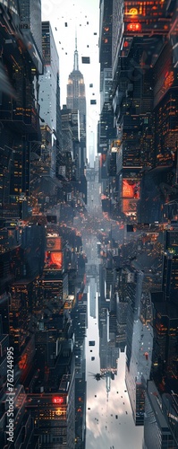 Amidst a cityscape of overlapping skyscrapers  a persons reflection splits into various dimensions in a dazzling array Rendered in a 3D render with dynamic lighting to highlight the complexities of ex