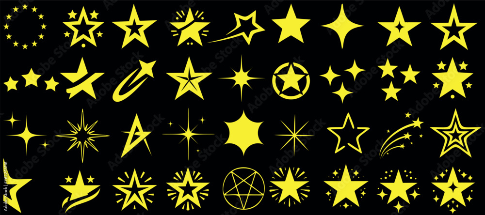Glowing star vector set, various shapes of yellow stars on black background. Perfect for celestial, space themed designs, decorations, Bright stars illuminate dark space with sparkling light Glowing star vector set, various shapes of yellow stars on black background. Perfect for celestial, space themed designs, decorations, Bright stars illuminate dark space with sparkling light