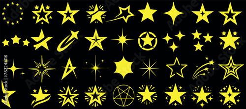 Glowing star vector set, various shapes of yellow stars on black background. Perfect for celestial, space themed designs, decorations, Bright stars illuminate dark space with sparkling light