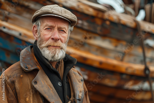Shipwright Man in coat and hat standing in front of rusty boat