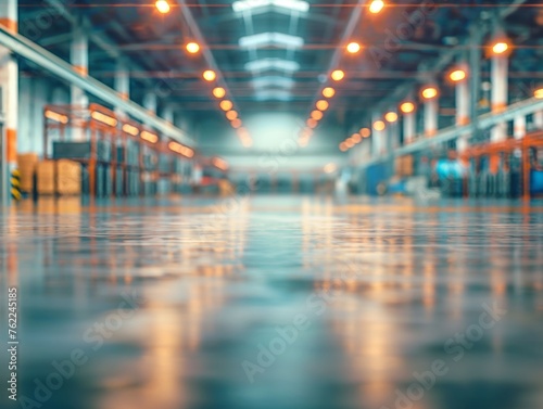 Blurred view of a spacious industrial warehouse with lights and shelves.