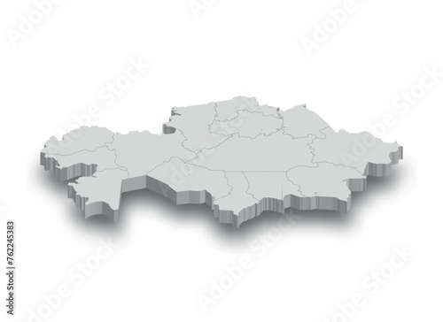 3d Kazakhstan white map with regions isolated