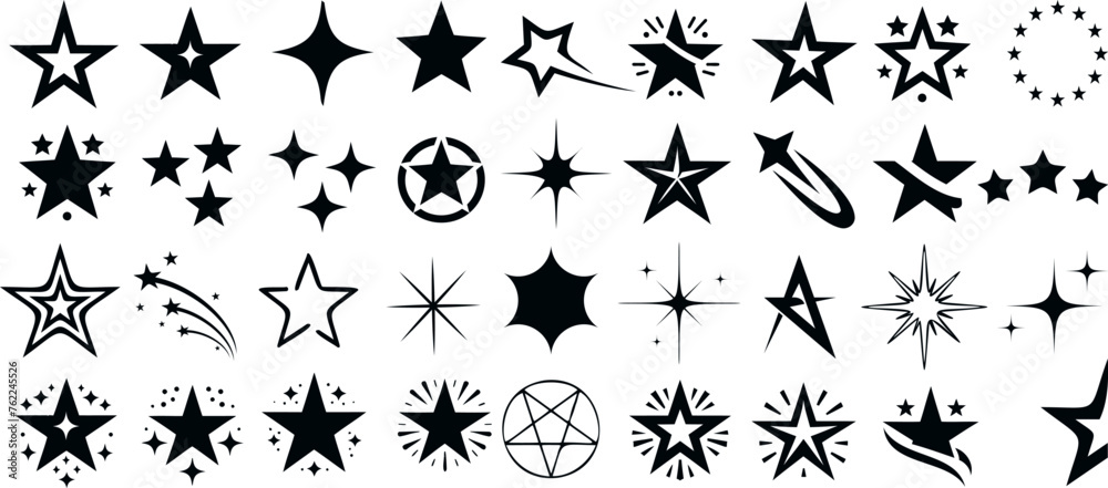 Star Vector Illustration:, star silhouette vector illustration featuring a diverse collection of stars and star like shapes,showcases solid, outlined, and dotted stars