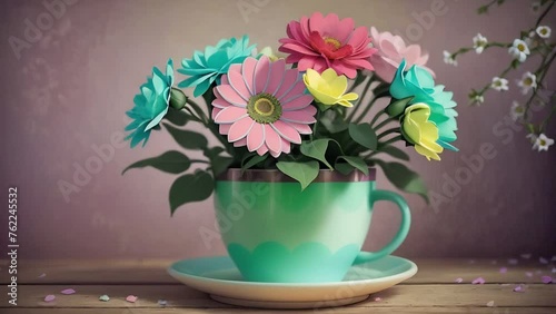 Сomposition of multi-colored gerberas in blue cup on saucer, on wooden table, against background of lilac wall. Ideal for materials about home decor, floristry, as background or advertising cafe.