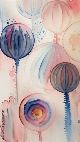 Abstract watercolor background with floating balloons in soft pastel tones with delicate drips and blends on textured paper