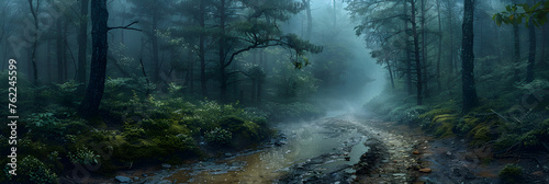 Dark green fantasy forest path muddy path  foggy   A forest with a path that has a blue sky