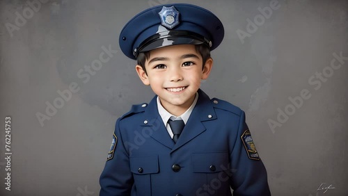 A boy in a police uniform with a smile on a gray background with a city landscape. Concept: Professions, childhood dreams, playing adult roles.